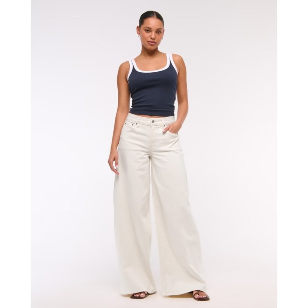 Abercrombie & Fitch Curve Love Linen-Blend Ultra Wide Leg Ecru Jean 30